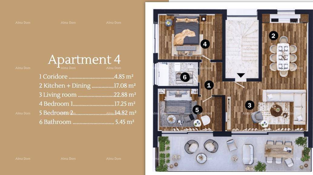 Detaillierter Grundriss einer Wohnung mit zwei Schlafzimmern, offenem Wohnbereich und großer Terrasse.