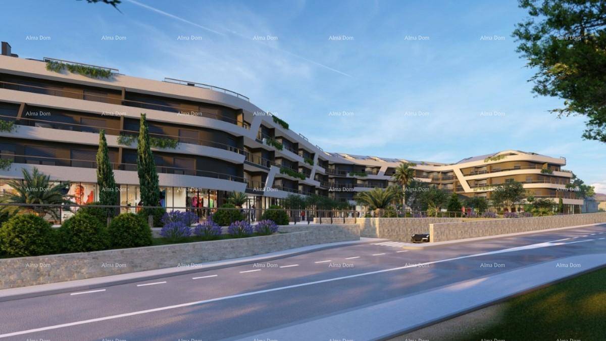Rendering der modernen Gebäudefassade mit Geschäften, Wohnungen und einer Straße im Vordergrund.
