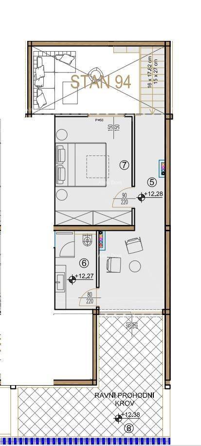 Grundriss eines weiteren Wohnbereichs mit Schlafzimmer, Bad und Zugang zu einer Dachterrasse.