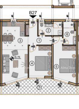 Grundriss einer Wohnung mit zwei Schlafzimmern, offenem Wohnbereich und großer Loggia.
