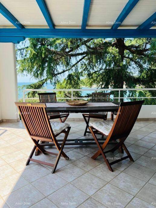 Überdachte Terrasse mit Holztisch und Stühlen, umgeben von Bäumen und mit Blick auf das Meer.