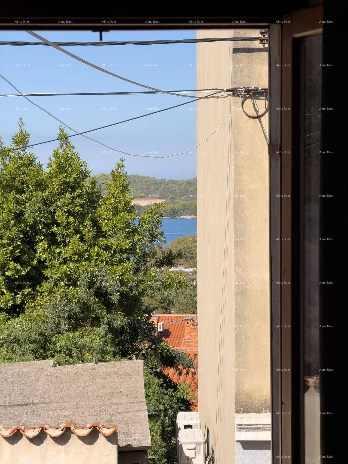 Panoramablick auf das Meer und die grüne Küstenlandschaft durch ein Fenster.