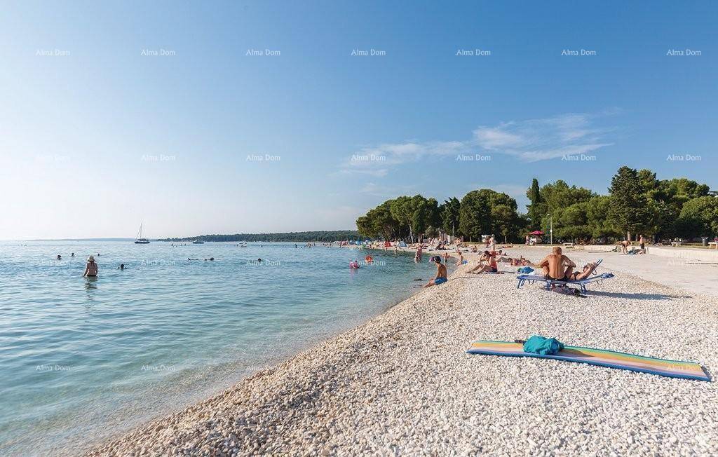Sonniger Kiesstrand mit Badegästen und klarem Meerwasser.