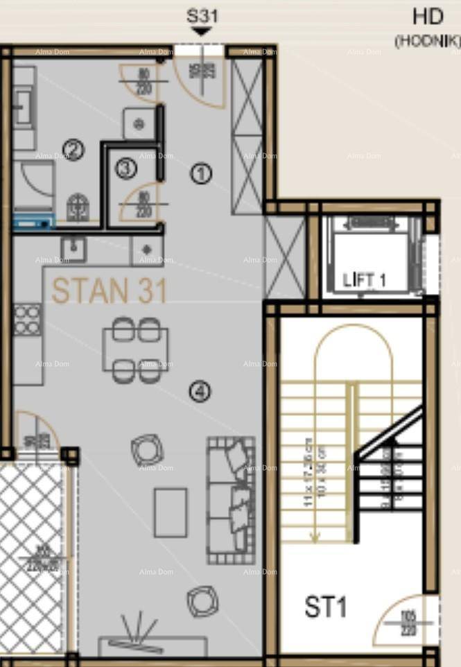 Grundriss der Wohnung S31 mit offenem Wohnbereich, Küche, zwei Bädern und Zugang zu einem Außenbereich.