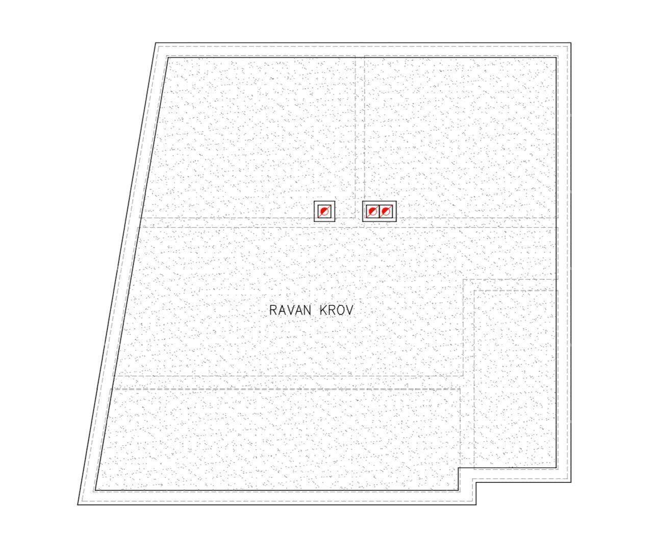 Grundriss des Flachdachs mit minimaler Neigung und Entwässerungspunkten.