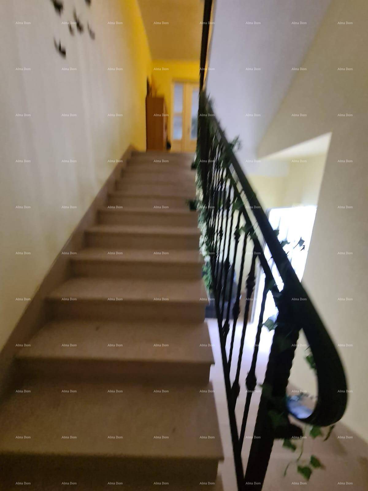 Heller Treppenaufgang mit Steinstufen und schmiedeeisernem Geländer in traditionellem Stil.