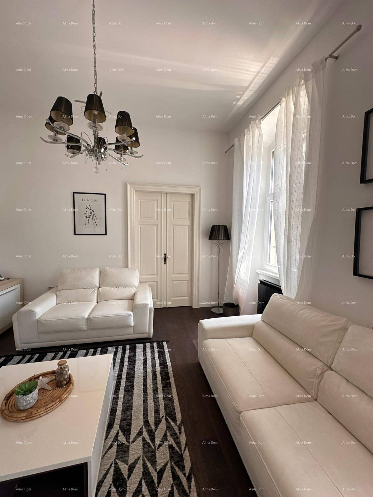 Heller Wohnbereich mit weißen Sofas, dunklem Holzboden und einem schwarz-weiß gestreiften Teppich.