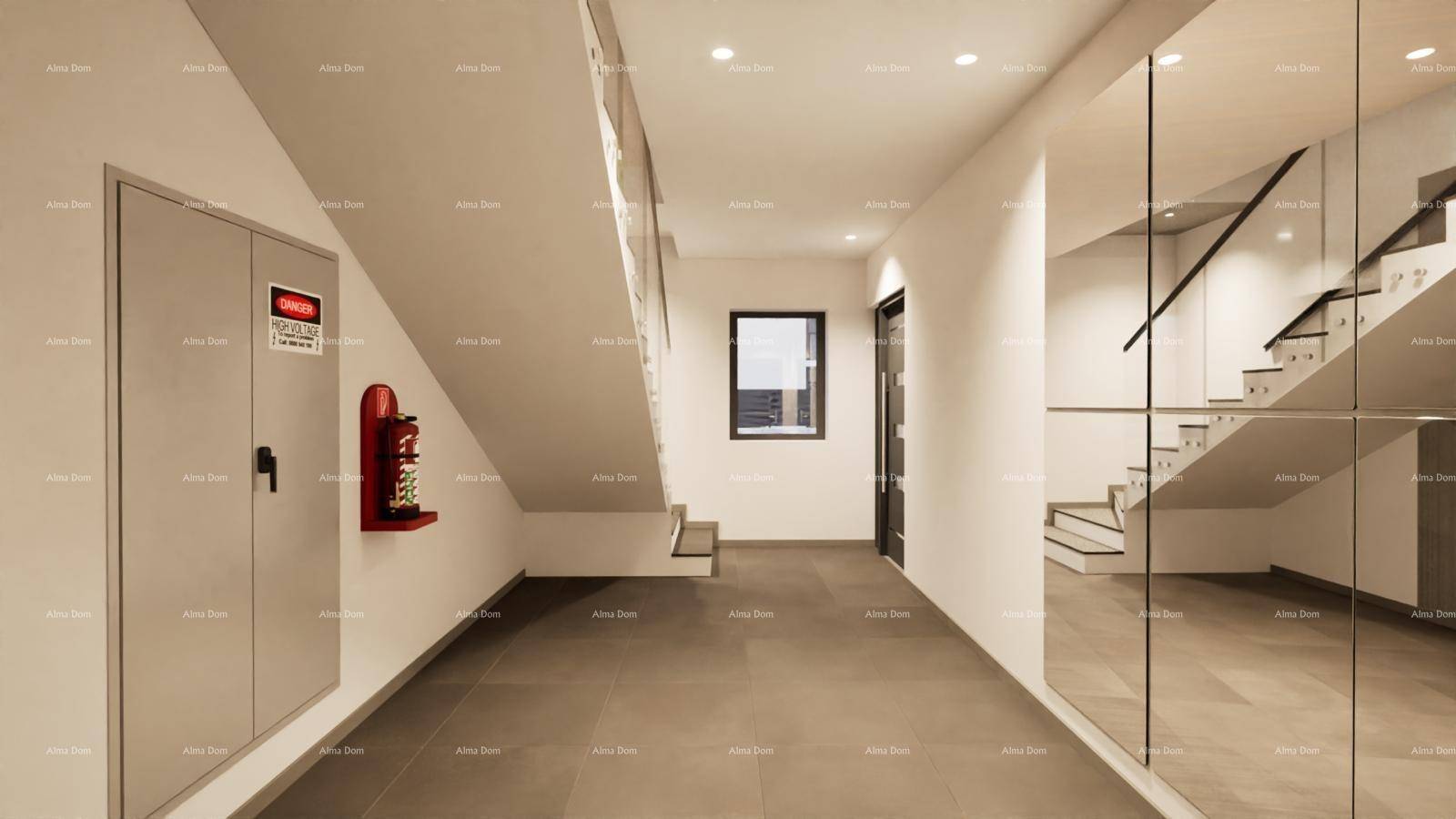 Moderner und heller Flur mit eleganter Treppe, Fliesenboden und einer großen Spiegelfläche, die den Raum erweitert.