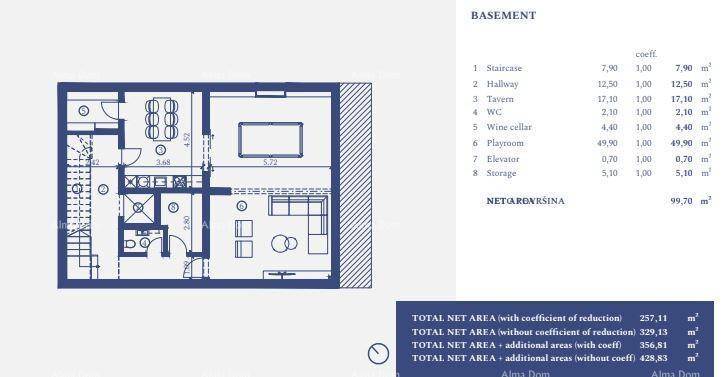 Grundriss des Untergeschosses mit Spielzimmer, Weinkeller und Abstellraum.