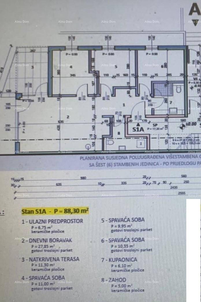 Grundriss für Wohnung S1A mit drei Schlafzimmern, Wohnbereich und überdachter Terrasse.