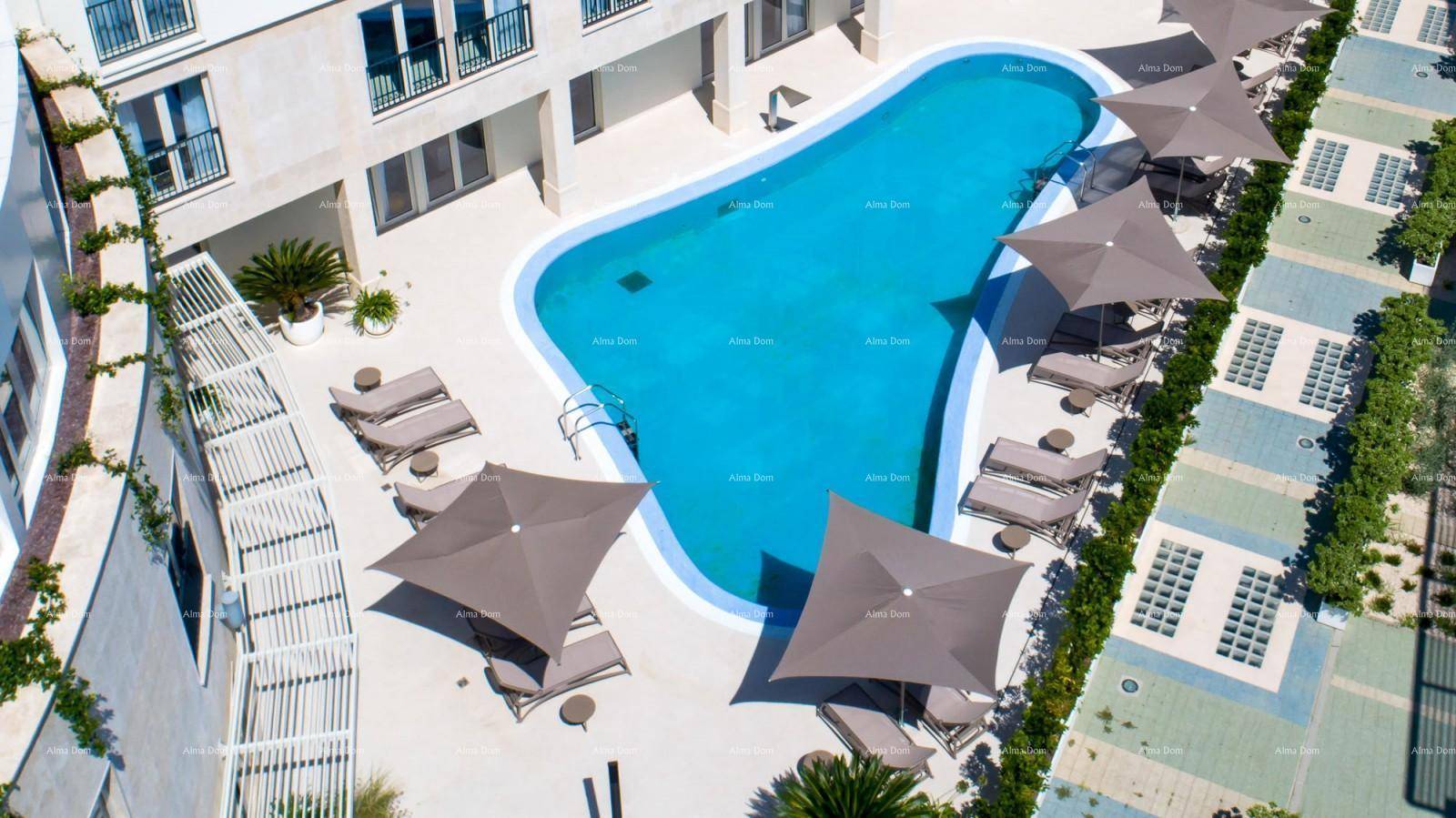 Großer Gemeinschaftspool mit Liegestühlen und Sonnenschirmen, umgeben von moderner Architektur.