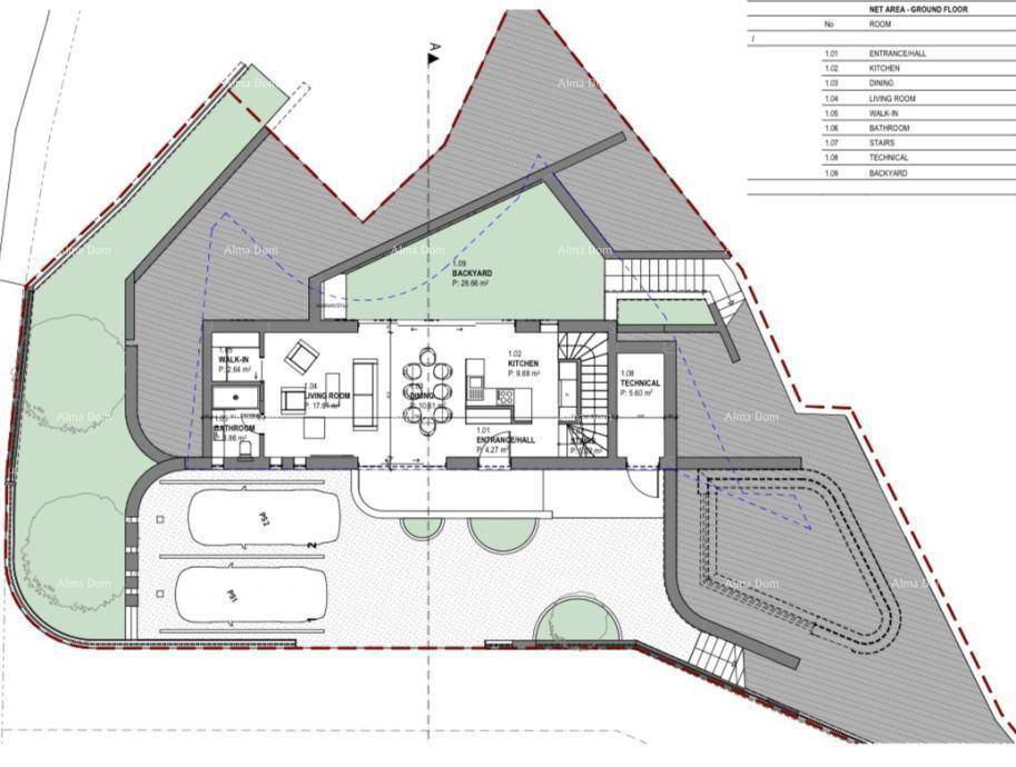 Grundriss des Erdgeschosses mit offener Küche, Wohnbereich, Garage und Zugang zum Garten.