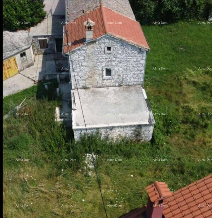Draufsicht auf ein altes Steinhaus mit Ziegeldach und verwildertem Grundstück, umgeben von Natur.