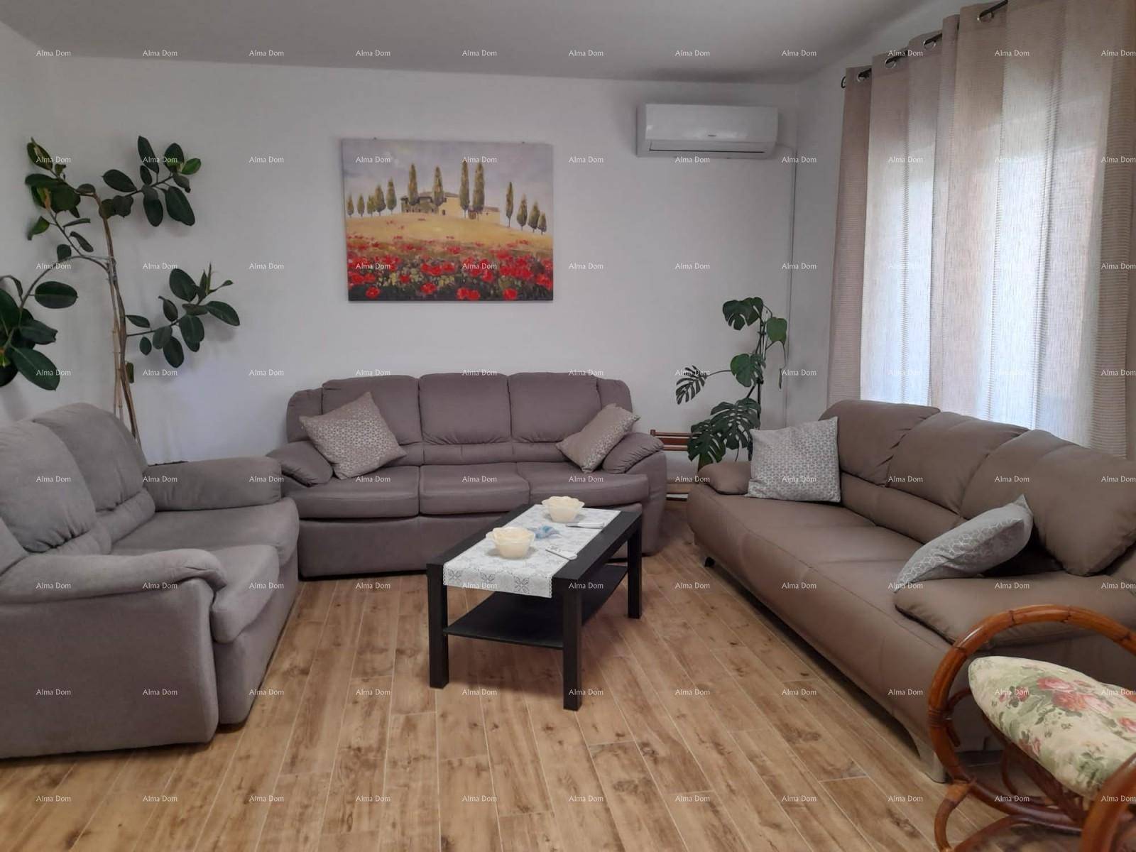 Gemütliches Wohnzimmer mit bequemen Sofas, Holzboden und großen Fenstern.