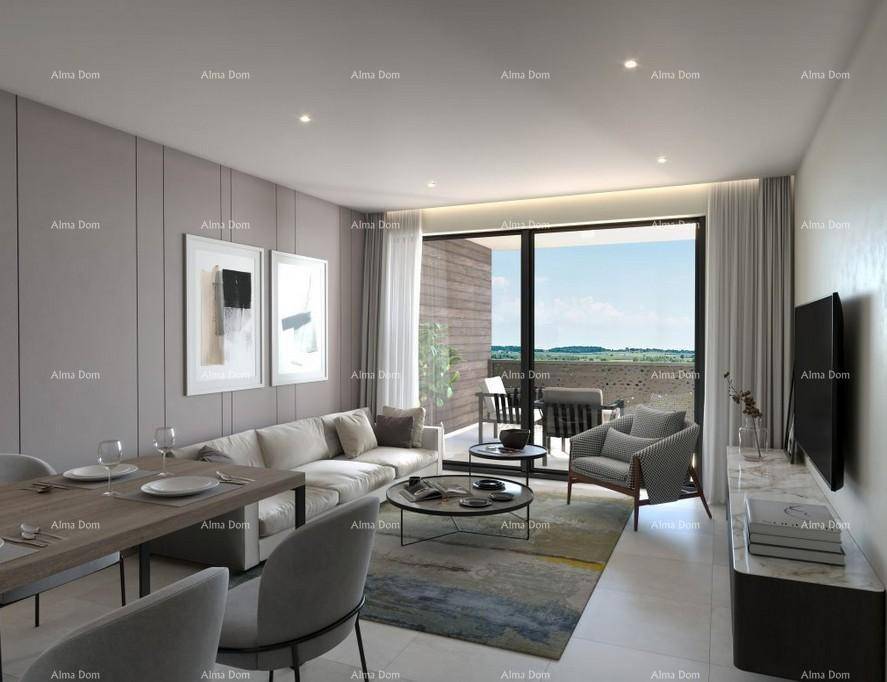 Heller Wohnbereich mit großen Fenstern, Zugang zur Terrasse und modernem Interieur.