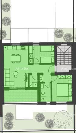 Grundriss einer Wohnung mit offenem Wohnbereich, Schlafzimmern und Badezimmern.