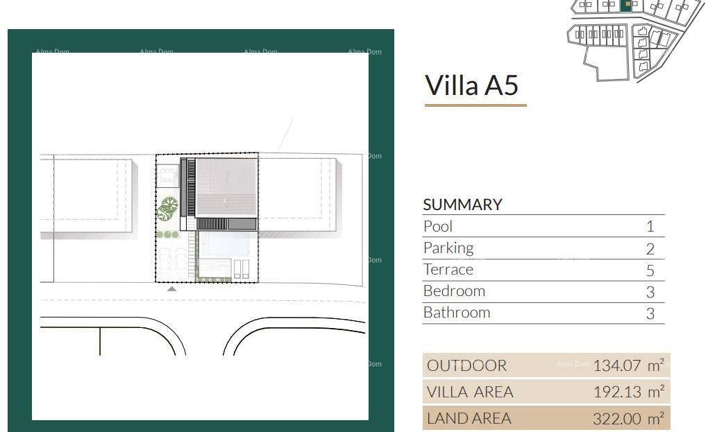 Übersichtsplan der Villa A5 mit Grundstücksfläche, Außenbereich und Anzahl der Zimmer.