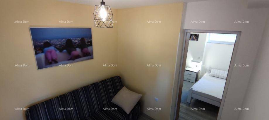 Wohnzimmer mit Sofa und Blick in ein angrenzendes Schlafzimmer, modern eingerichtet.