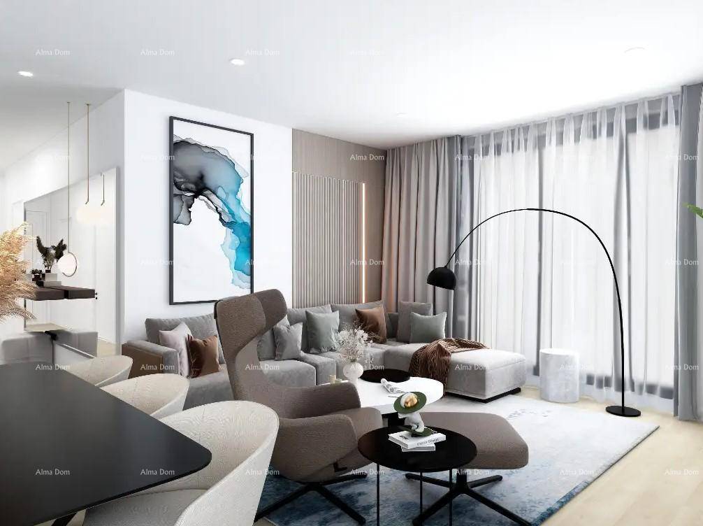 Helles Wohnzimmer mit moderner Einrichtung, großem Sofa und dekorativem Kunstwerk.