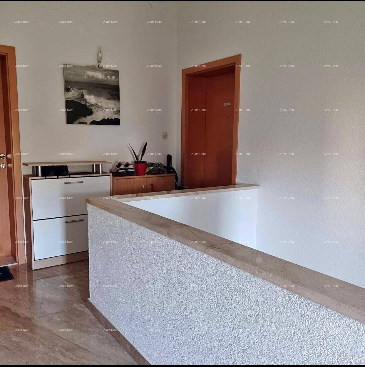 Heller Flurbereich mit Schuhschrank, Dekoration und Zugang zu angrenzenden Räumen.