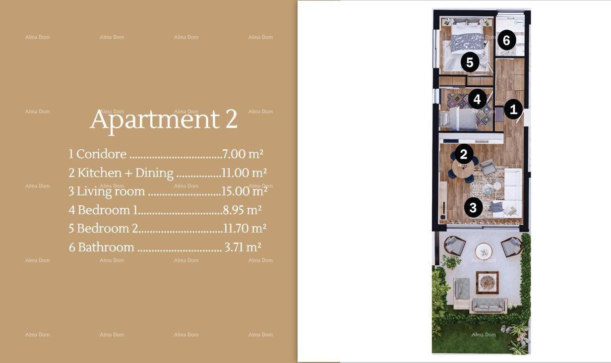 Detaillierter Grundriss von Apartment 2 mit Raumaufteilung und Flächenangaben.
