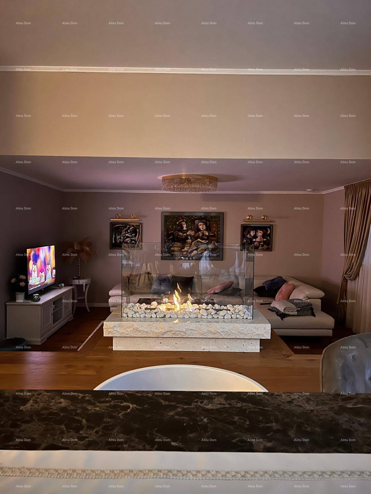 Gemütliches Wohnzimmer mit modernem Gaskamin als Mittelpunkt und bequemen Sofas.