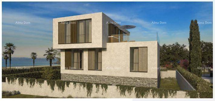 Moderne Villa mit Meerblick, Balkon und minimalistischer Architektur.
