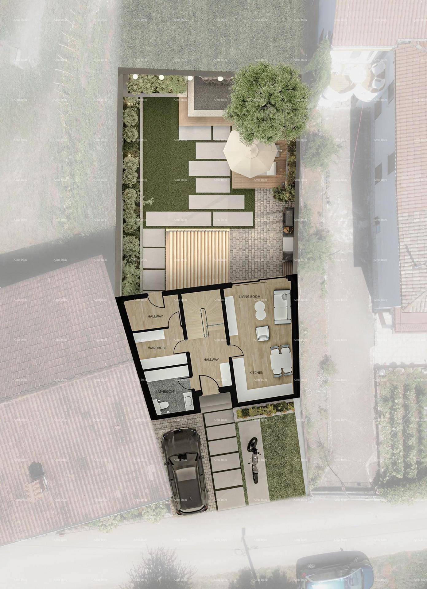 Grundriss des Erdgeschosses mit offenem Wohnbereich, Küche, Gäste-WC und Zugang zum Garten.