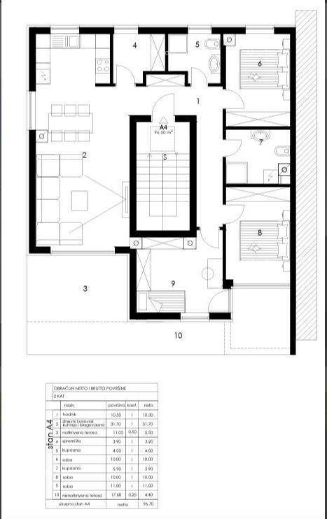 Grundriss einer Wohnung mit offenem Wohnbereich, zwei Schlafzimmern und Balkonzugang.