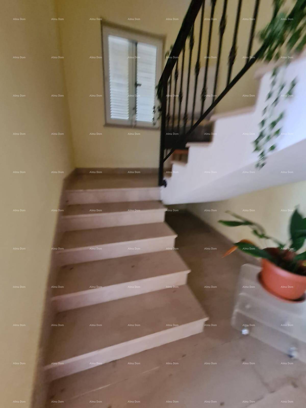 Treppenhaus mit Steinstufen, schmiedeeisernem Geländer und Fenster für natürliches Licht.