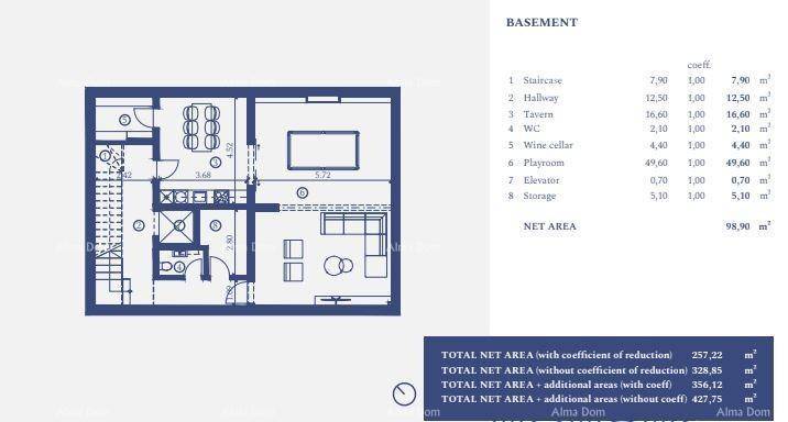 Grundriss des Untergeschosses mit Weinkeller, Spielzimmer und Abstellraum.