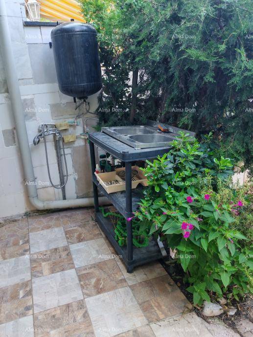 Außenbereich mit gefliestem Boden, einer Spüle und einem Warmwasserbereiter, umgeben von Pflanzen.