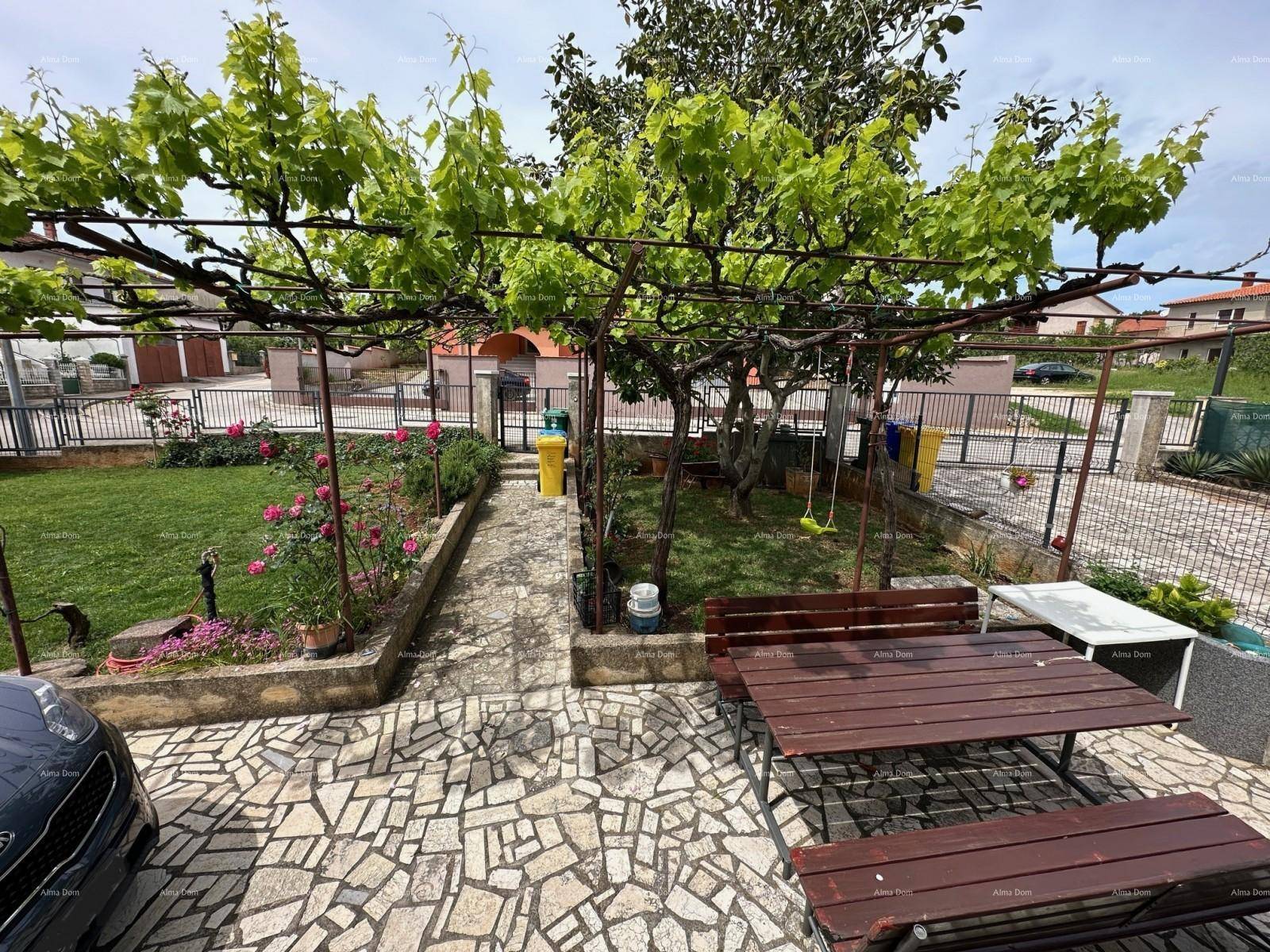 Gemütlicher Gartenbereich mit Steinfliesen, Holzbank und schattenspendender Weinpergola.