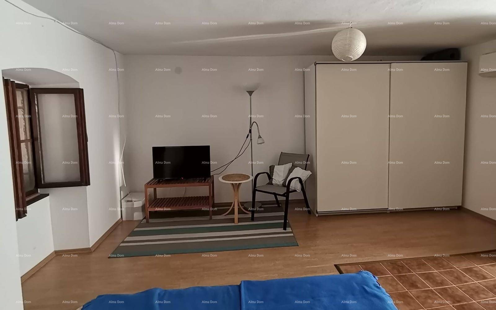 Gemütliches Wohnzimmer mit Fernseher, Schrank und Holzboden.