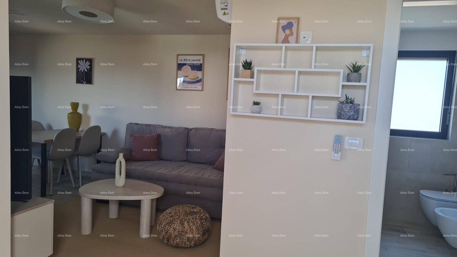 Heller Wohn-Essbereich mit Sofa, Esstisch und dekorativen Regalen an der Wand, modern eingerichtet.