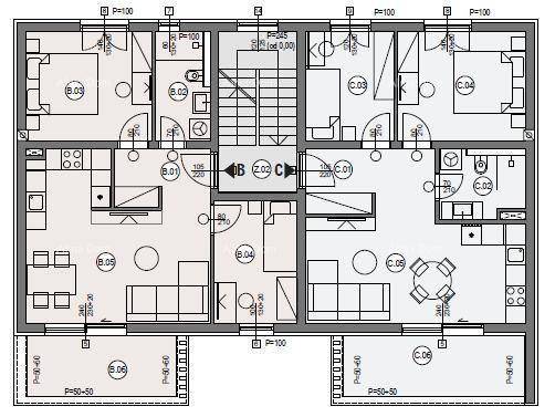 Detaillierter Grundriss einer Etage mit zwei Wohneinheiten und Balkonen.