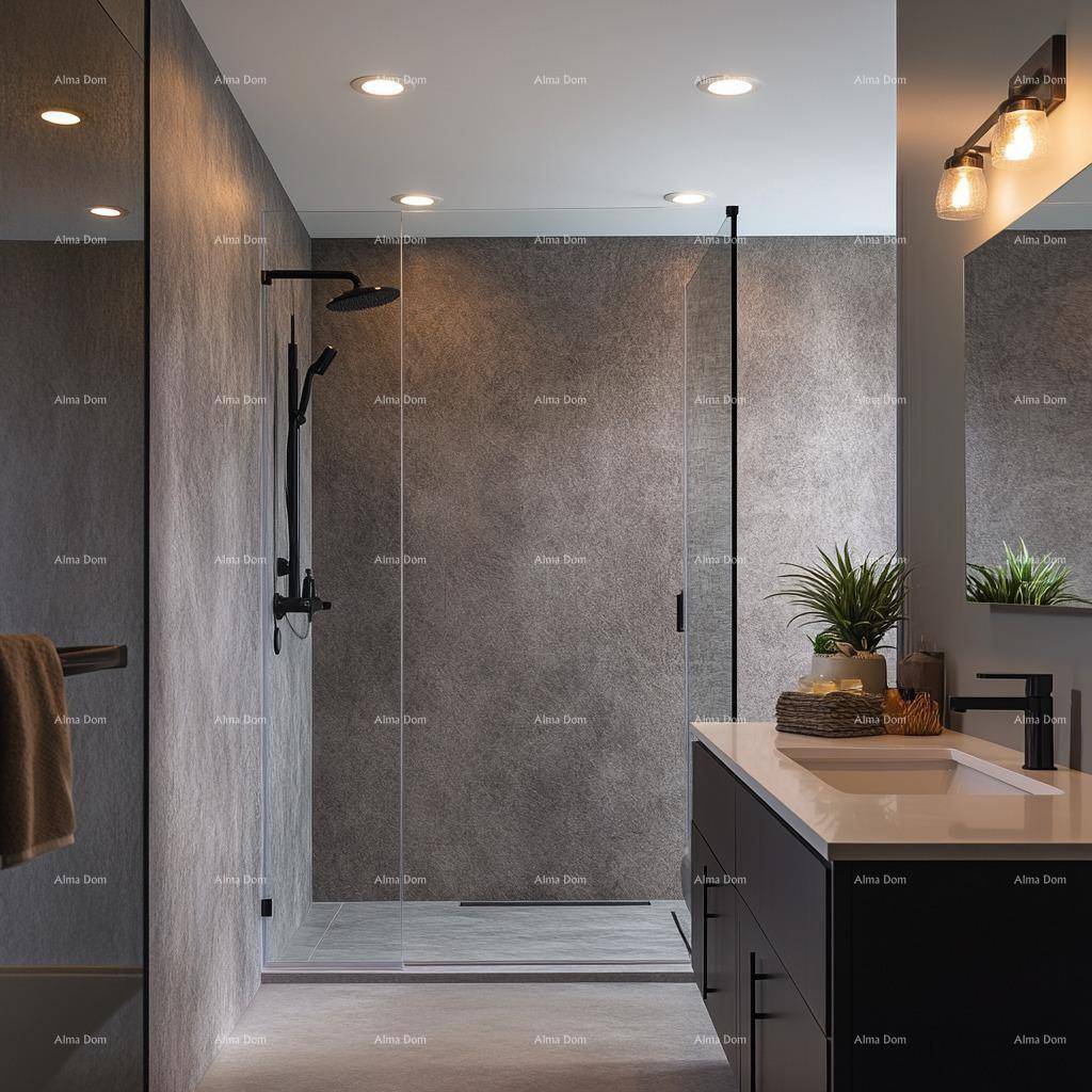 Modernes Badezimmer mit begehbarer Dusche, dunklen Fliesen und minimalistischem Design.