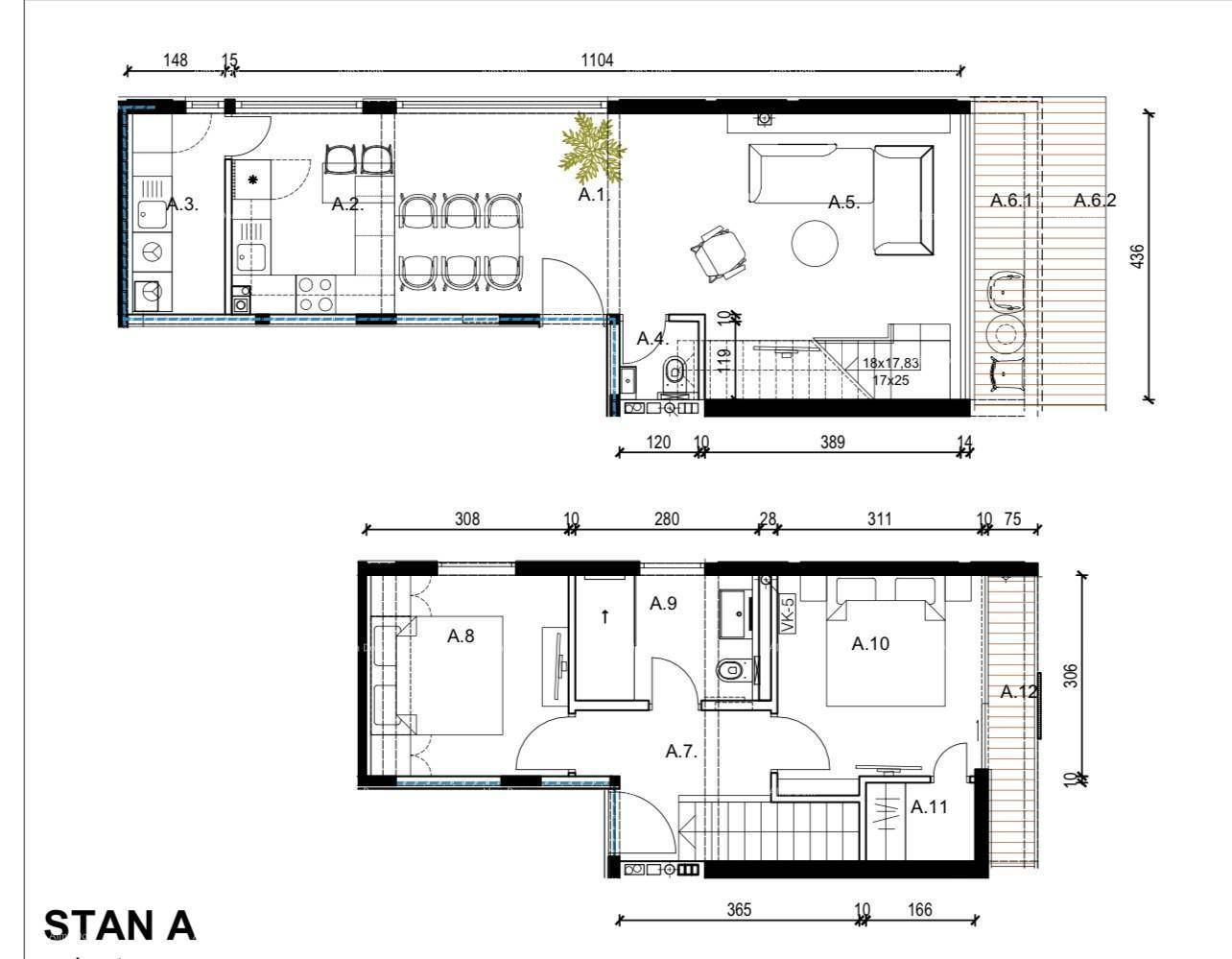Grundriss der Wohnung mit offenem Wohnbereich, Küche, Schlafzimmern und Terrasse.