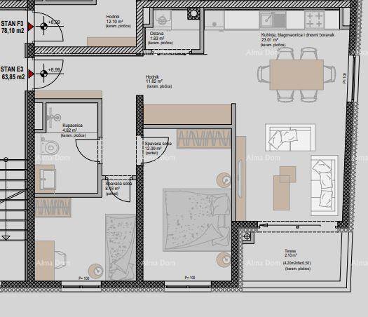 Grundriss einer Wohnung mit zwei Schlafzimmern, offenem Wohnbereich und Terrasse.