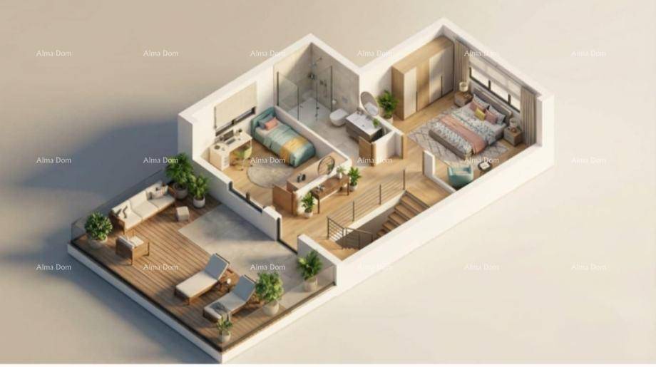 Anschaulicher 3D-Grundriss des Obergeschosses mit zwei Schlafzimmern, Bädern, einer großen Terrasse und Treppenaufgang.