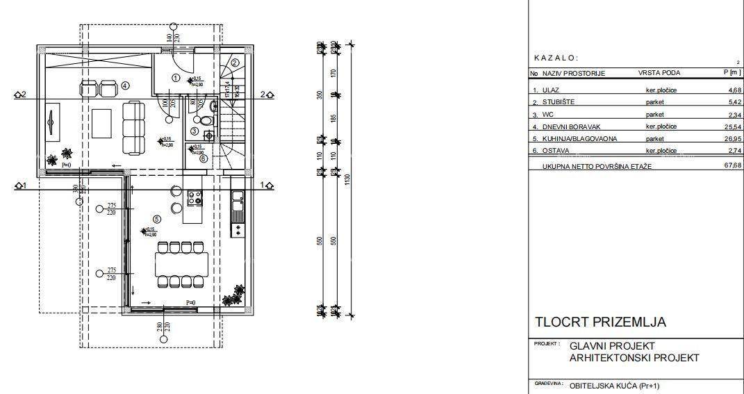 Grundriss des Erdgeschosses mit offenem Wohnbereich, integrierter Küche, Essbereich und Treppe.