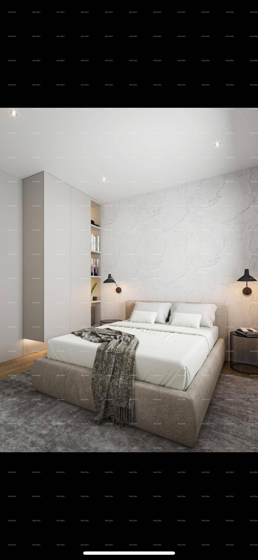 Helles, modernes Schlafzimmer mit großem Bett, Einbauschränken und Teppichboden.