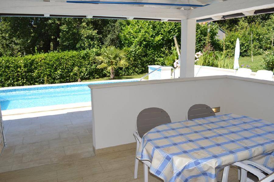 Überdachter Essbereich im Freien mit karierter Tischdecke und Blick auf den Swimmingpool.