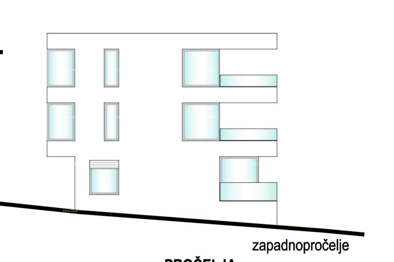Architektonische Zeichnung der Westfassade mit großen Fenstern und Balkonen.