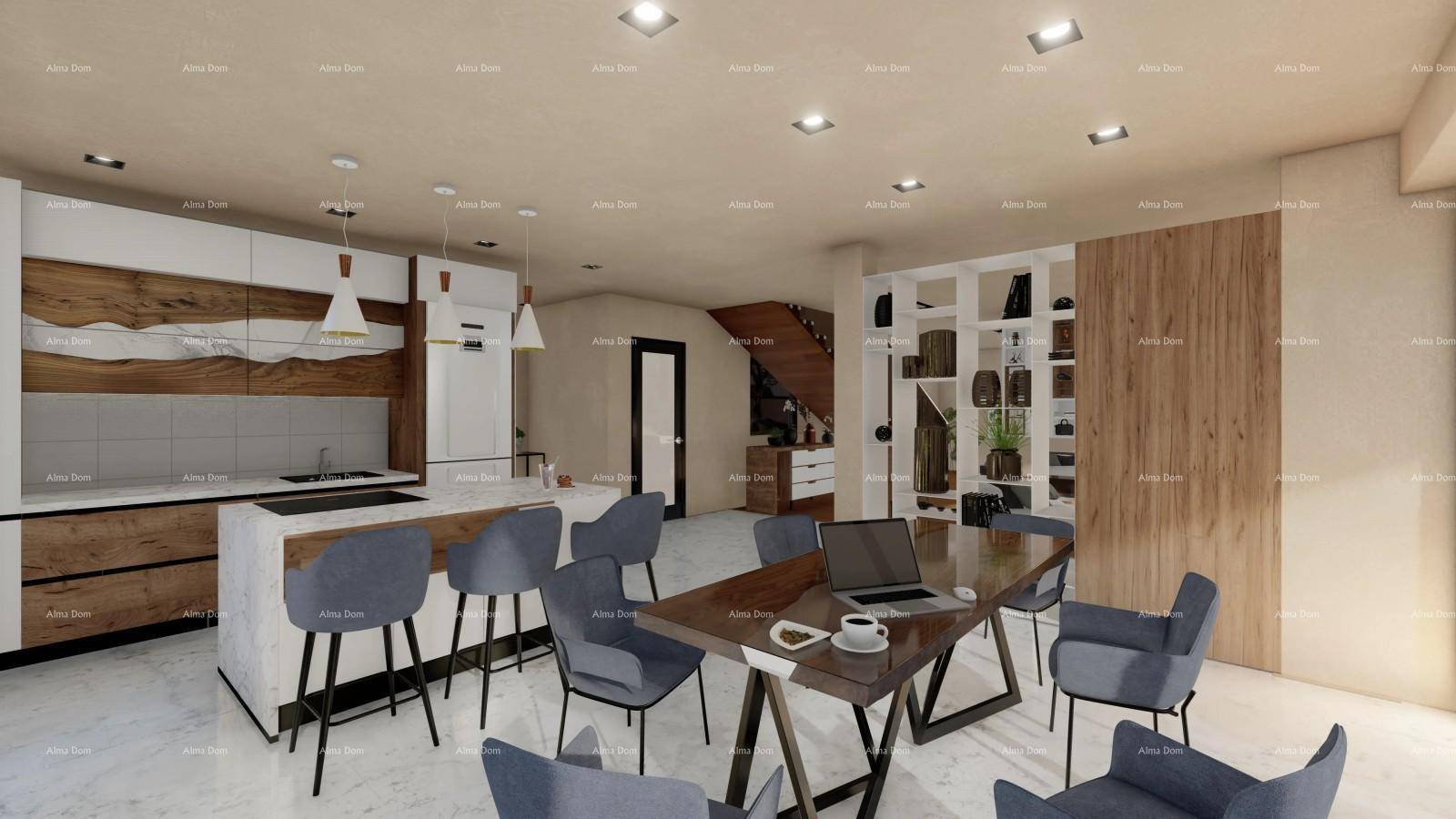 Offene Küche mit Holzdetails, Kochinsel und großem Esstisch für gesellige Runden.