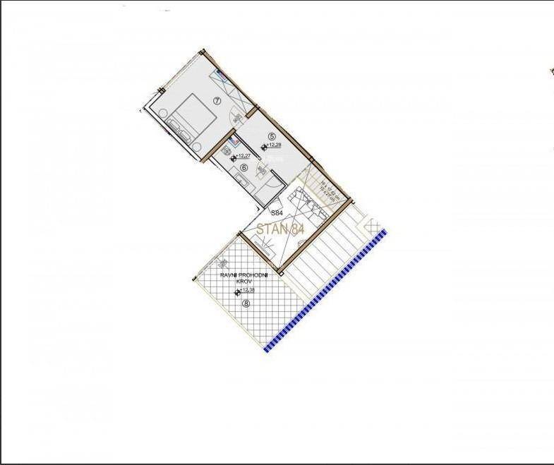 Grundriss der Wohnung STAN 84 mit Schlafzimmer, Bad und Zugang zu einer Dachterrasse.