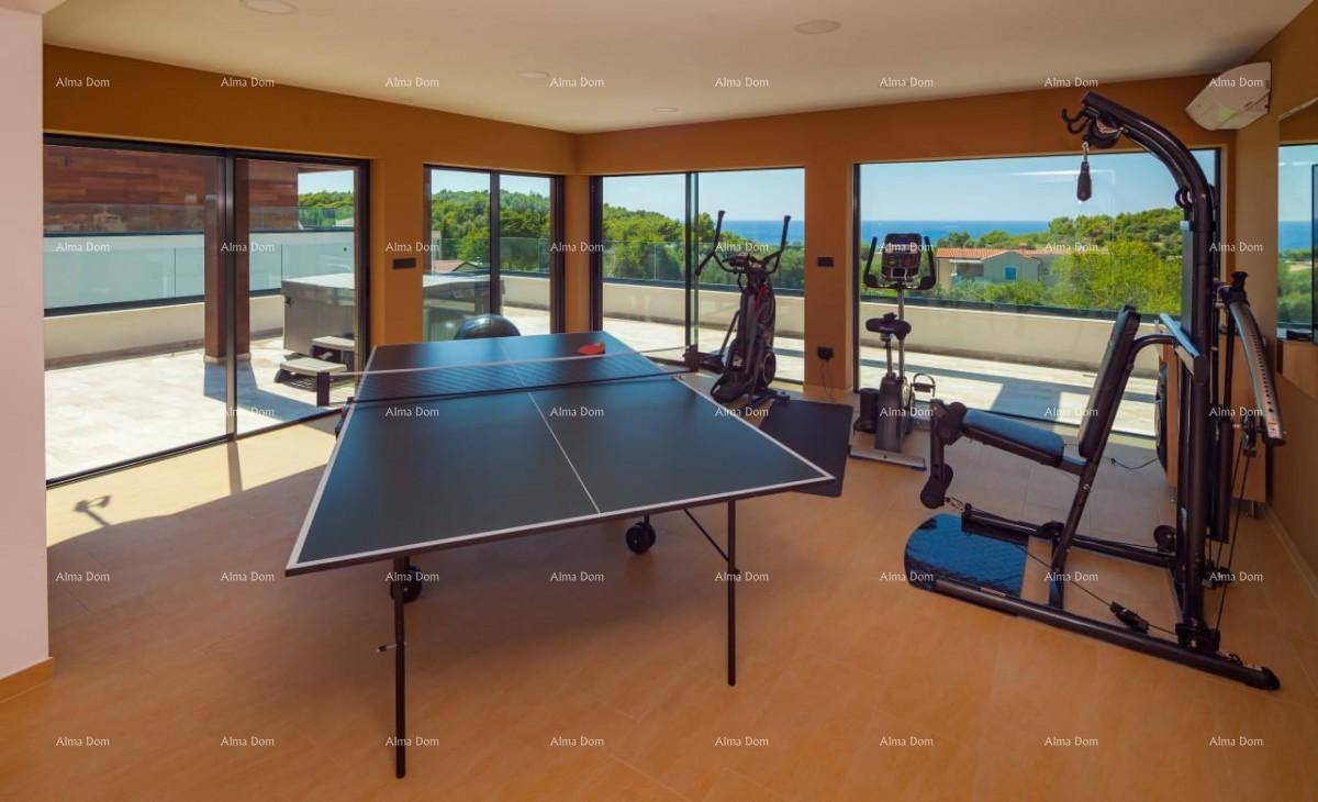Geräumiger Fitnessraum mit Meerblick, Tischtennisplatte und verschiedenen Trainingsgeräten.