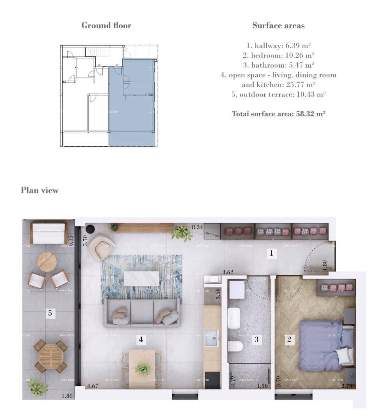 Grundriss mit detaillierten Flächenangaben für Flur, Schlafzimmer, Bad und offenen Wohnbereich.