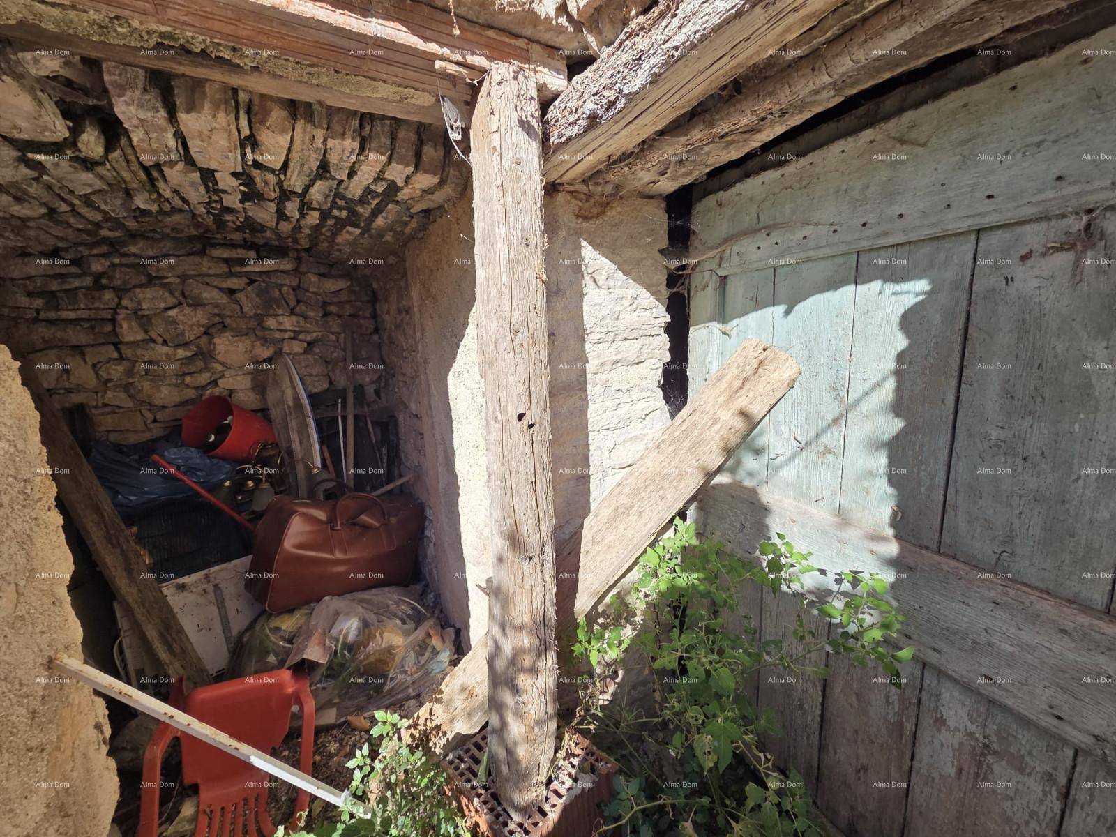 Verfallener Außenbereich mit Holzbalken, Steinmauern und einer alten Holztür, voller Gerümpel.
