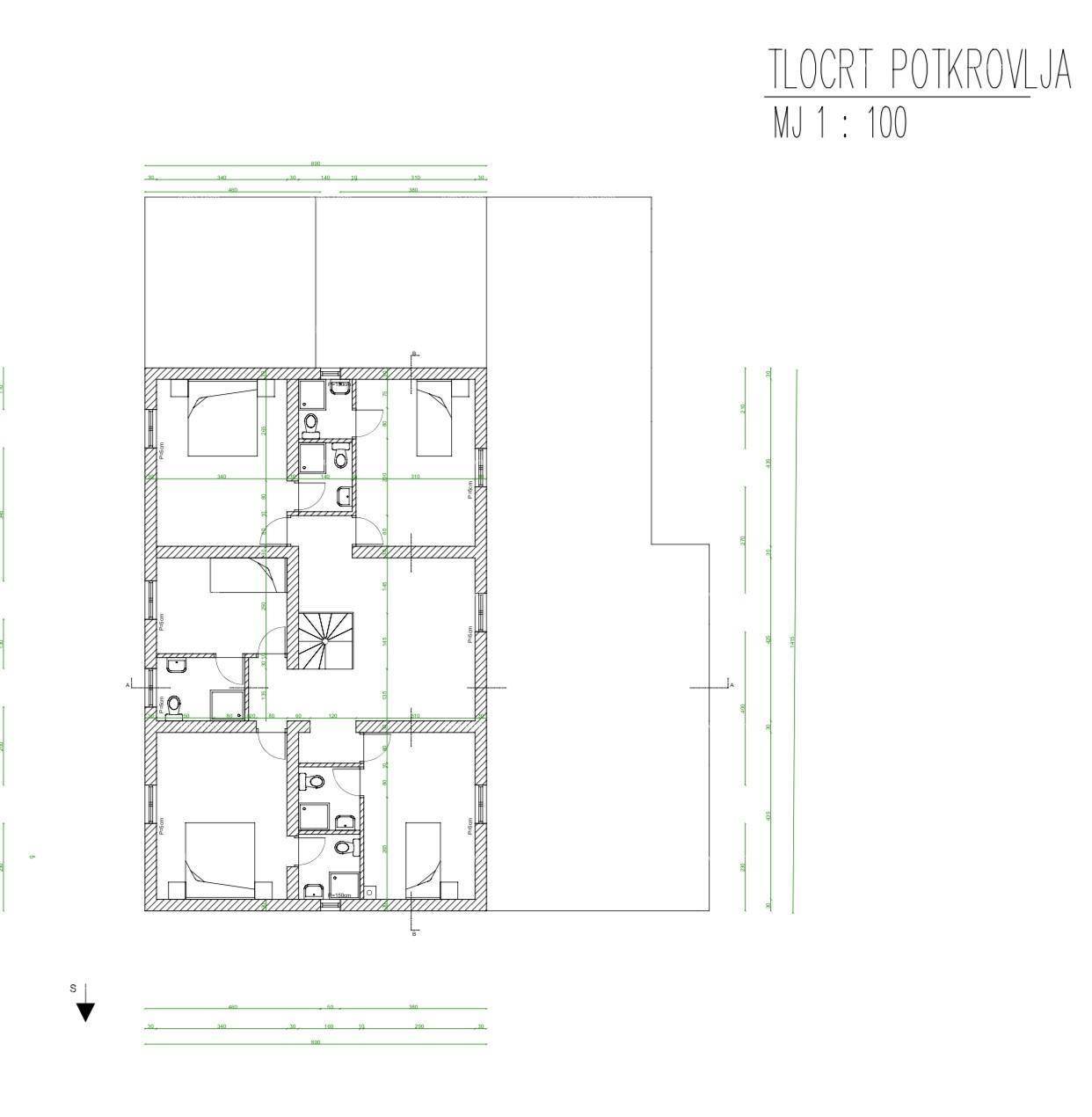 Grundriss des Dachgeschosses mit mehreren Schlafzimmern, Bädern und Wendeltreppe.